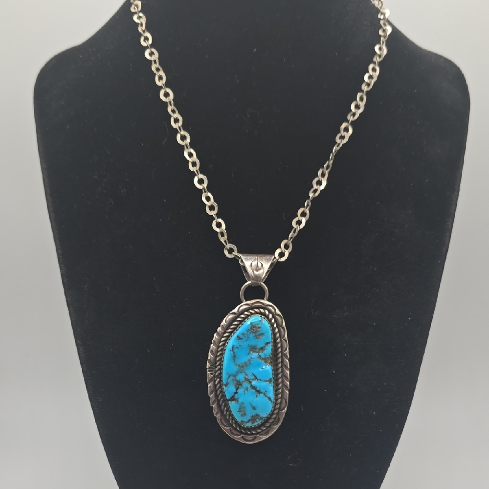 Vintage Native American Signed Turquoise Pendant Necklace